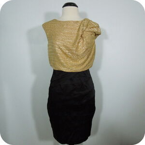 JAX Cocktail Dress 8 Womens Gold Black Ruched One Shoulder Lined